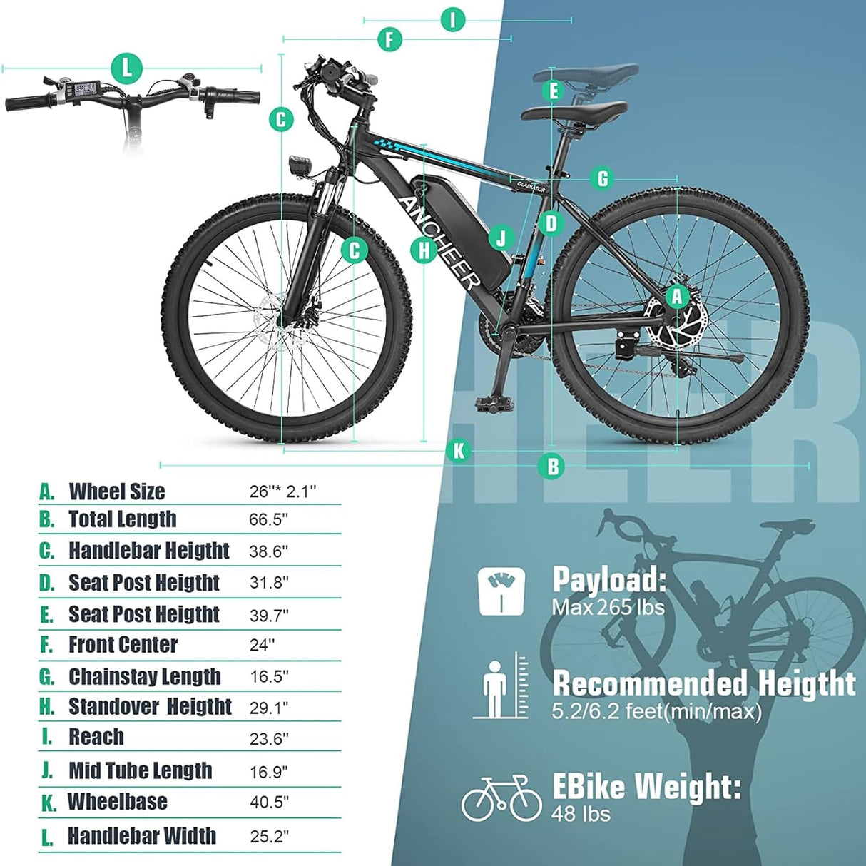 Bicicleta Eléctrica ANCHEER 500W, 21 Velocidades, Gladiator