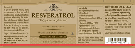 Suplemento Solgar - Resveratrol 100 mg, 60 cápsulas veg