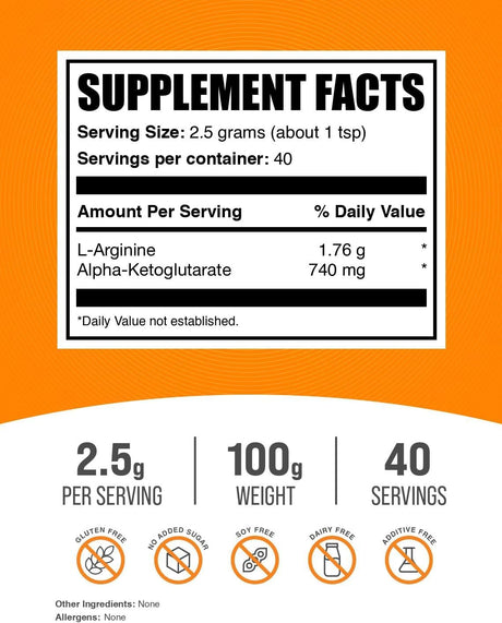 AAKG en polvo BulkSupplements - 2500mg, 100g, sin gluten