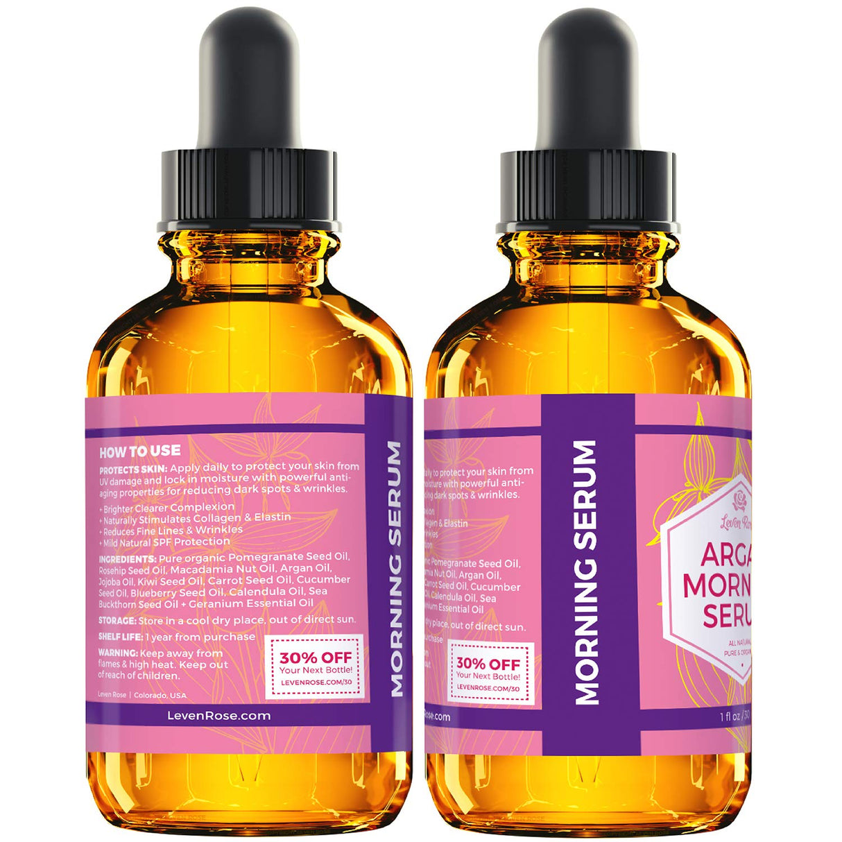 Leven Rose Suero de Argán para la mañana, 100% puro, orgánico, natural, ilumina la tez, estimula el colágeno y la elastina natural, reduce las líneas de expresión y arrugas, 1&nbsp;oz