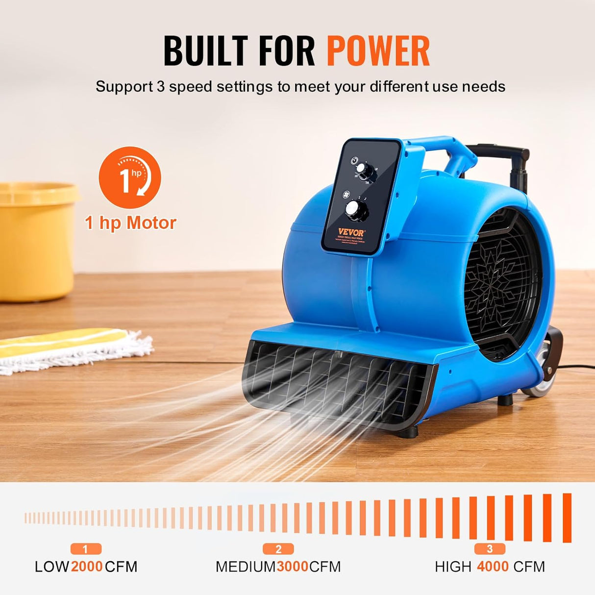 VEVOR Soplador de Piso 4000 CFM, 3 Velocidades, Portátil