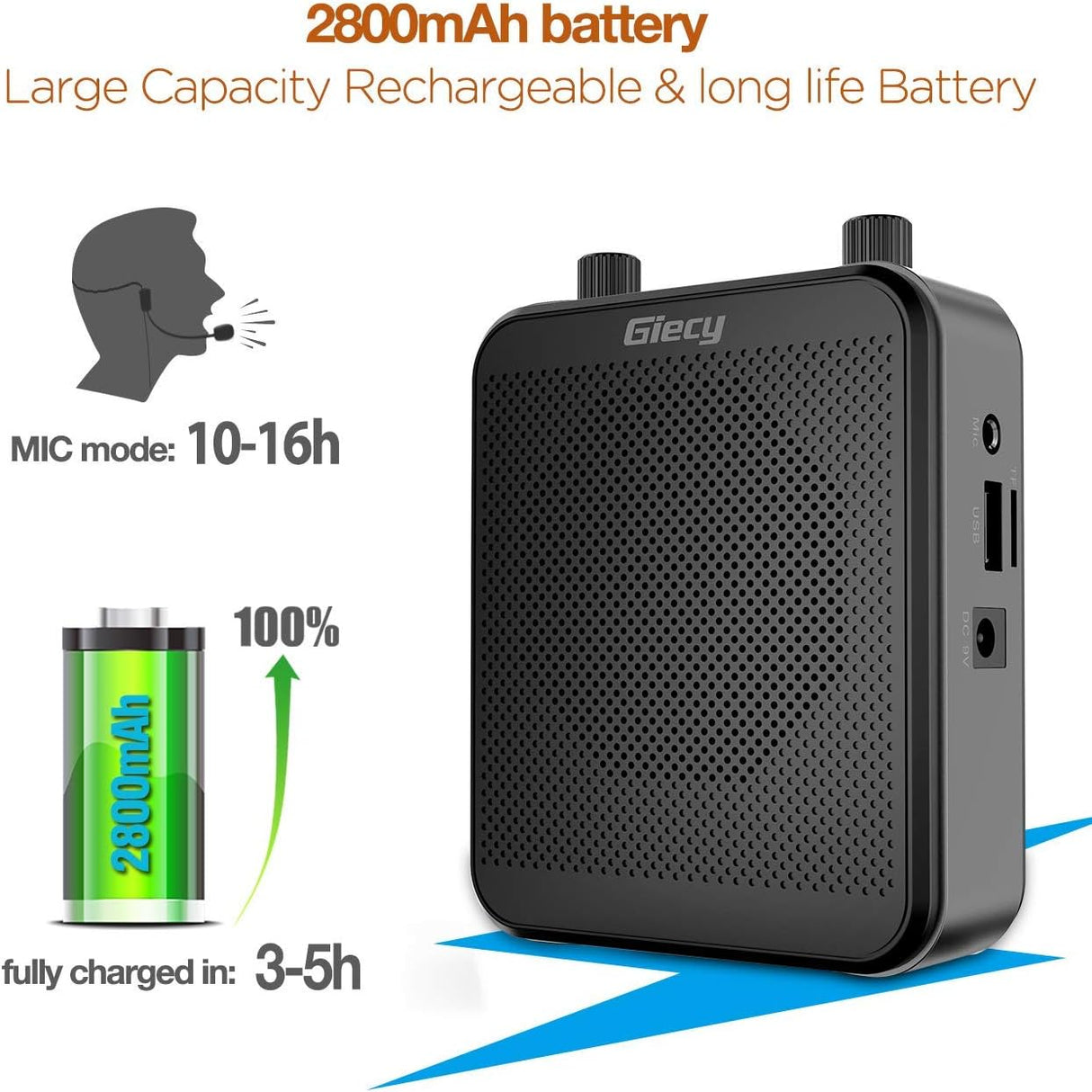 Amplificador de Voz Portátil 30W, Bluetooth, 2800mAh, Micrófono