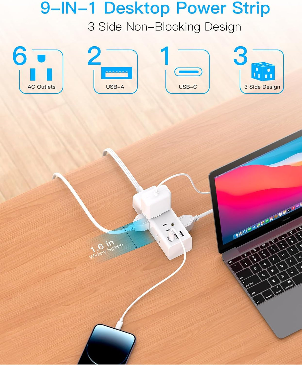 Cable de extensión de 10 pies con múltiples tomas, enchufe
