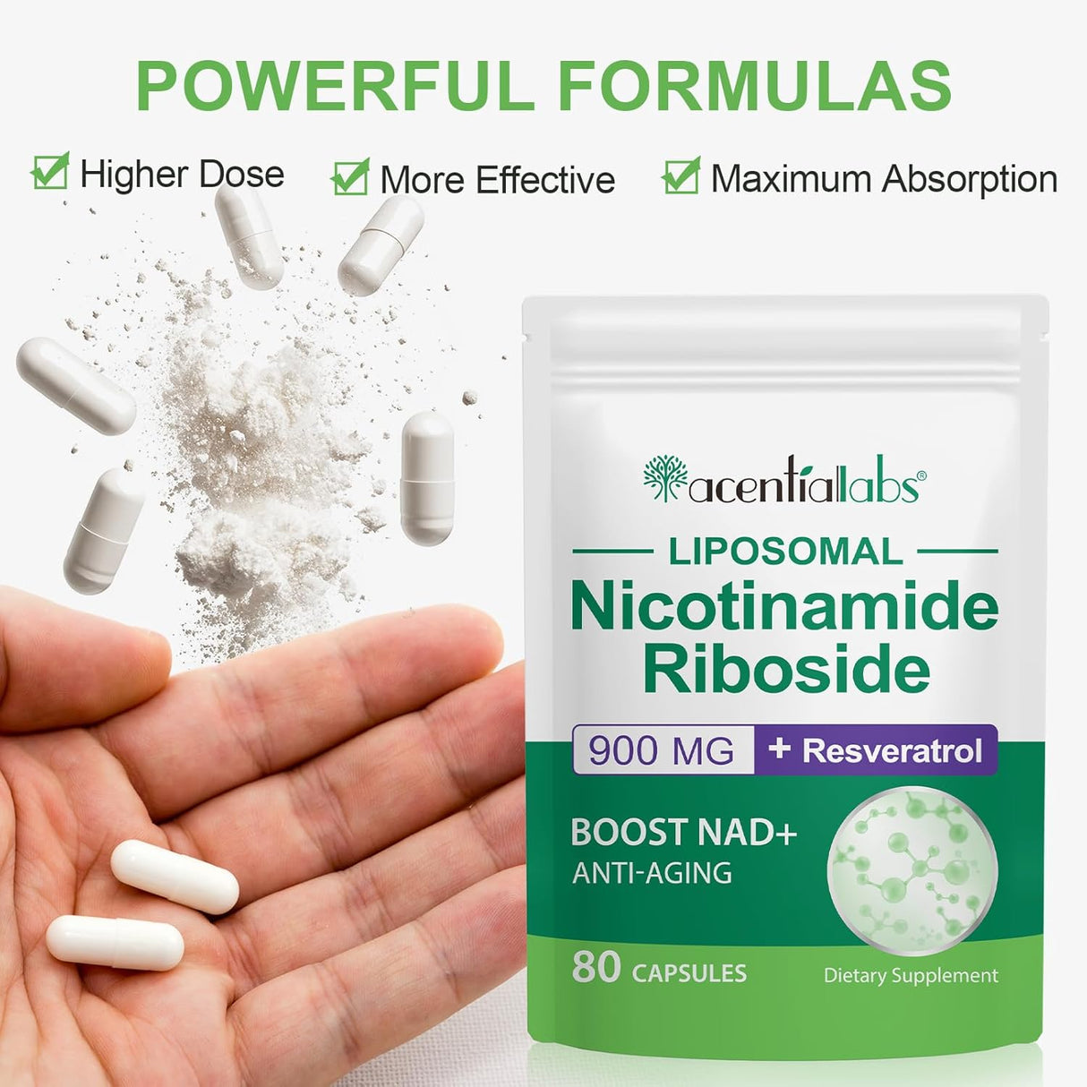 Suplemento NAD+, Nicotinamida Ribósido 900mg, 80 Cápsulas