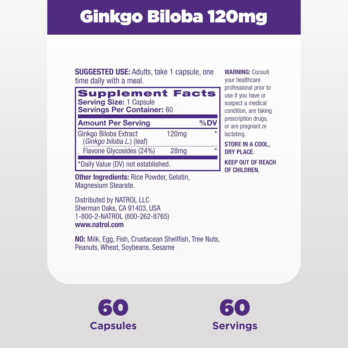Suplemento Natrol Ginkgo Biloba 120mg, 60 Cápsulas