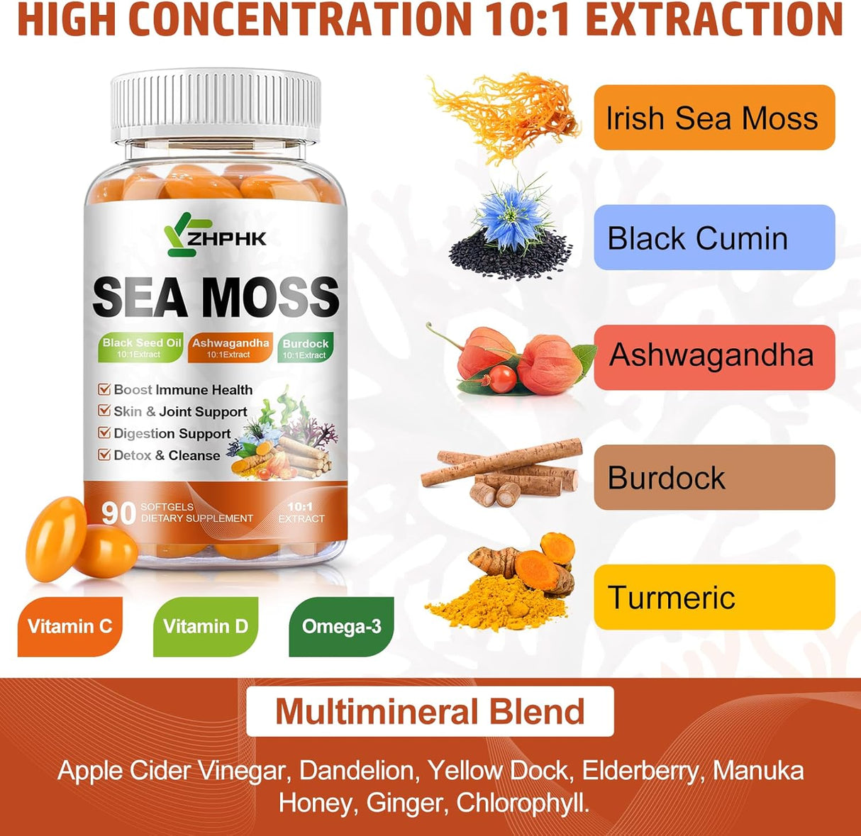 Sea Moss Softgels con Black Seed Oil y Hierbas, 90 cápsulas