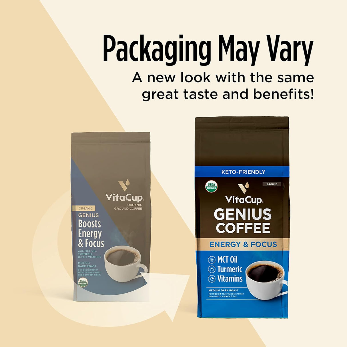 Vitacup Genius - Café molido con aceite MCT KETO, cúrcuma, canela y vitamina para energía, enfoque y dieta Keto, para cafeteras de filtro y prensa francesa