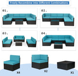 U-MAX Juego de muebles de patio de 7 piezas, juego de sofá de mimbre de ratán de polietileno negro para todo tipo de clima, juego de conversación de muebles seccionales con fundas de cojín azules y mesa auxiliar para porche, jardín, piscina