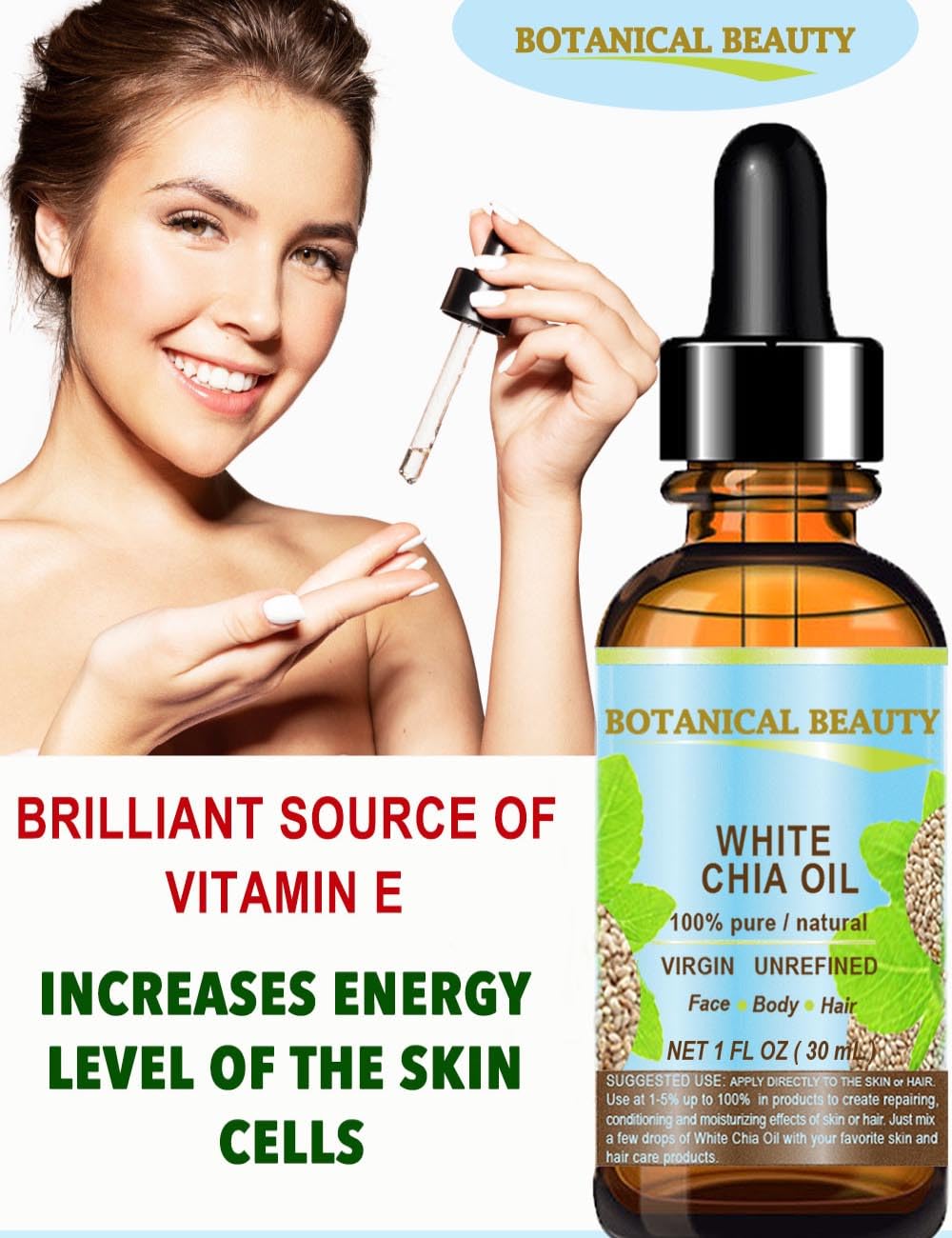Aceite de Chía Blanca Virgen Puro Natural para Cara, Piel, Cabello
