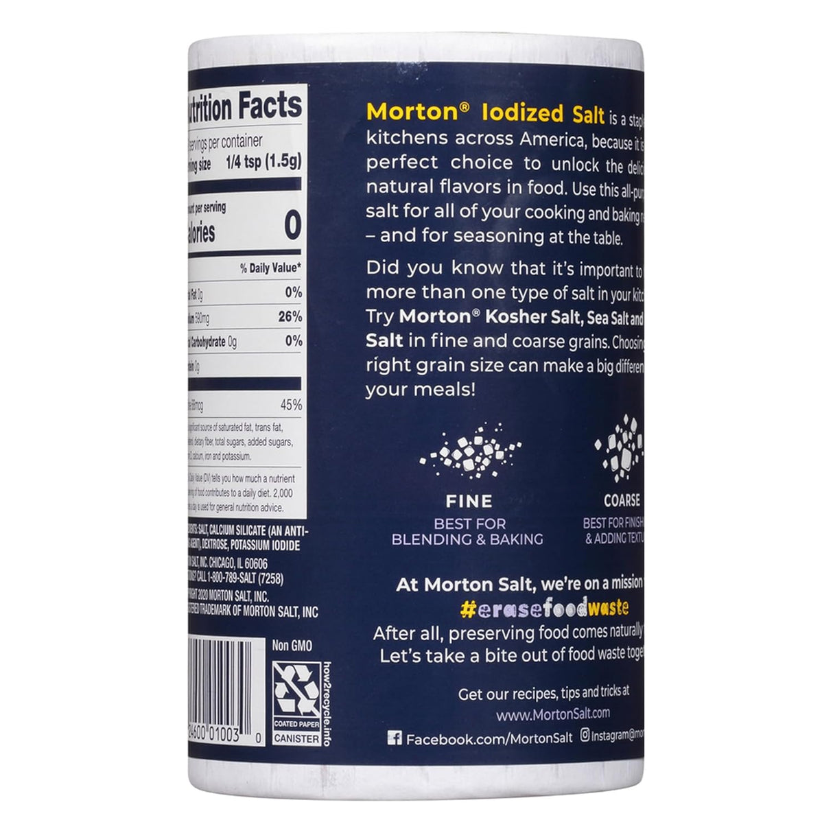 Sal de Mesa Iodada Morton, Ideal para Cocinar, 2-Pack 26 oz