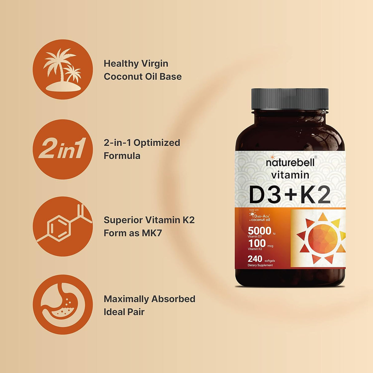 Vitamin D3 5000 K2 Virgin Coconut Oil NatureBell 240 Softgels