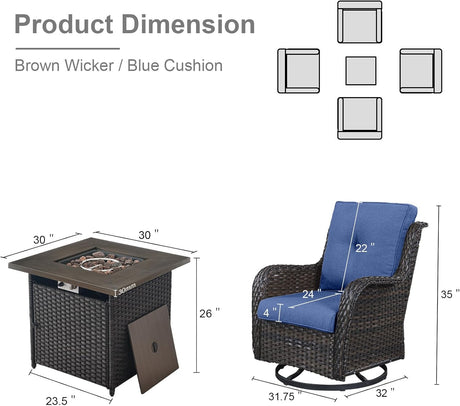 Belord Juego de muebles de mimbre de patio de 5 piezas, 4 sillas giratorias para exteriores con mesa para fogata de propano, juego de conversación cálido para patio, cojín azul, perfecto para