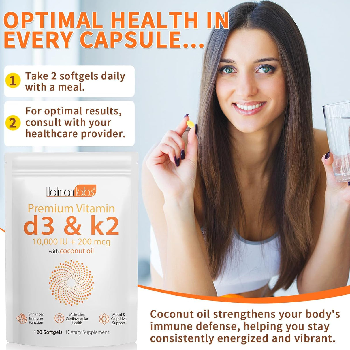 Suplemento de Vitamina D3 K2, 10000 IU, Salud Ósea y Inmunidad