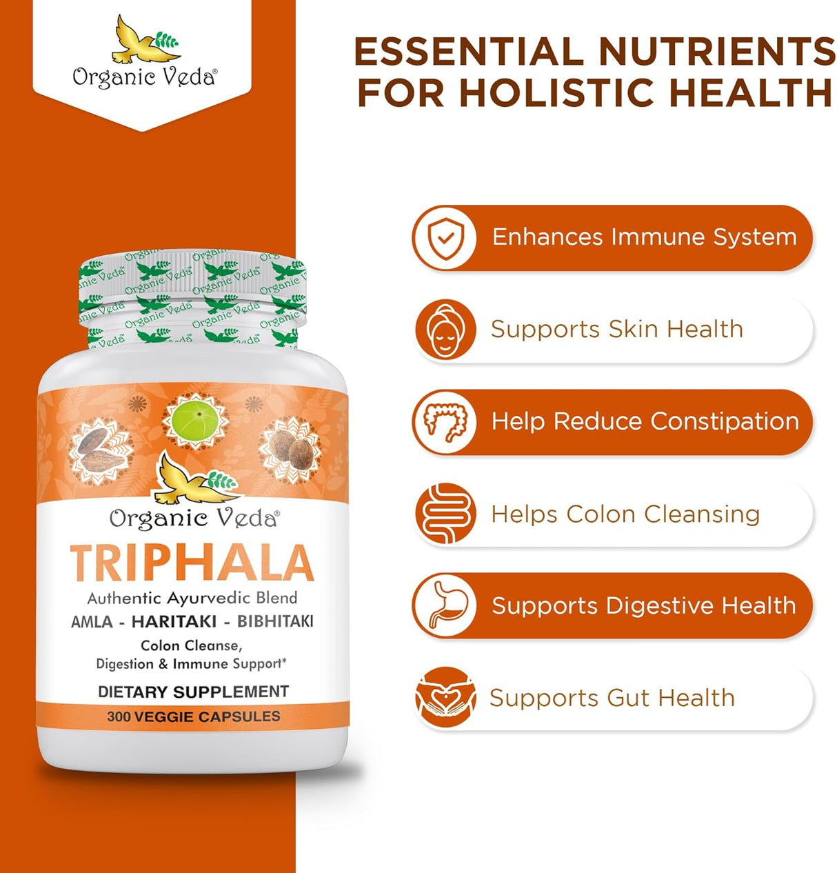 Polvo de Triphala Orgánico 300 Cápsulas - Organic Veda 1000mg