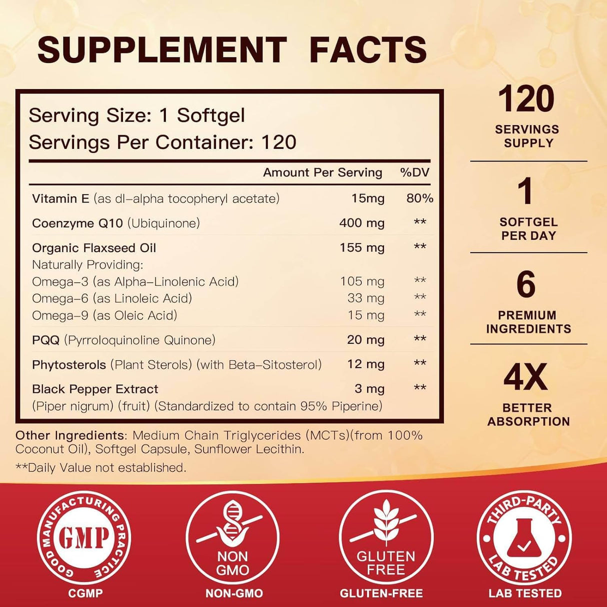 CoQ10 400mg SoftGels, Coenzyme Q10, PQQ, Omega 3, Vit E, 120 serv