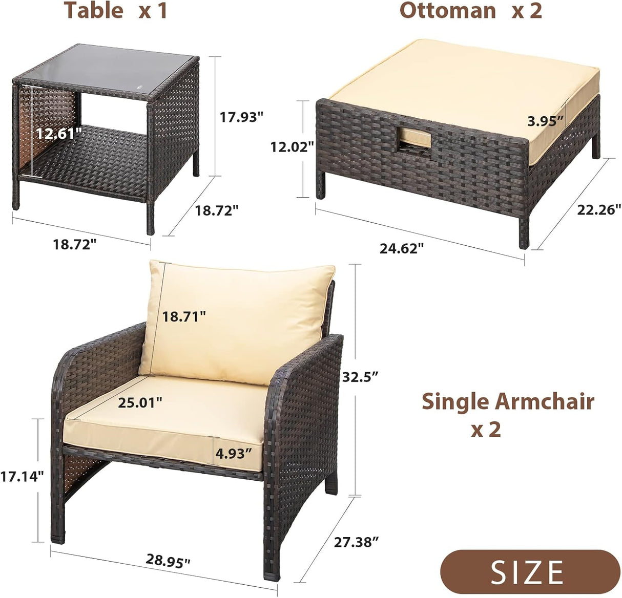 LEVELEVE Balcony Furniture - Juego de 5 piezas para conversación de patio, sillas de mimbre de polietileno para exteriores con cojines suaves, 2 otomanas y mesa de cristal para porche, mimbre marrón