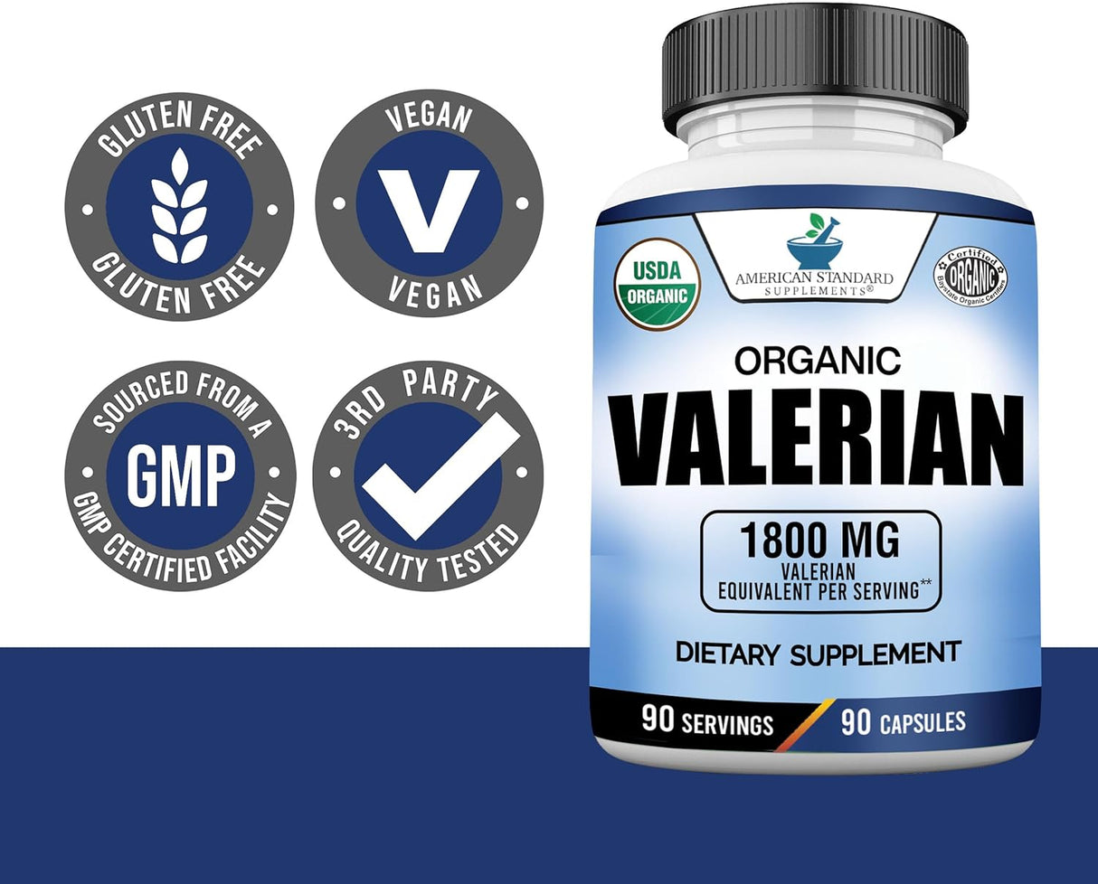 Suplemento Valeriana orgánica de 1800 mg  vegana 90 cáp