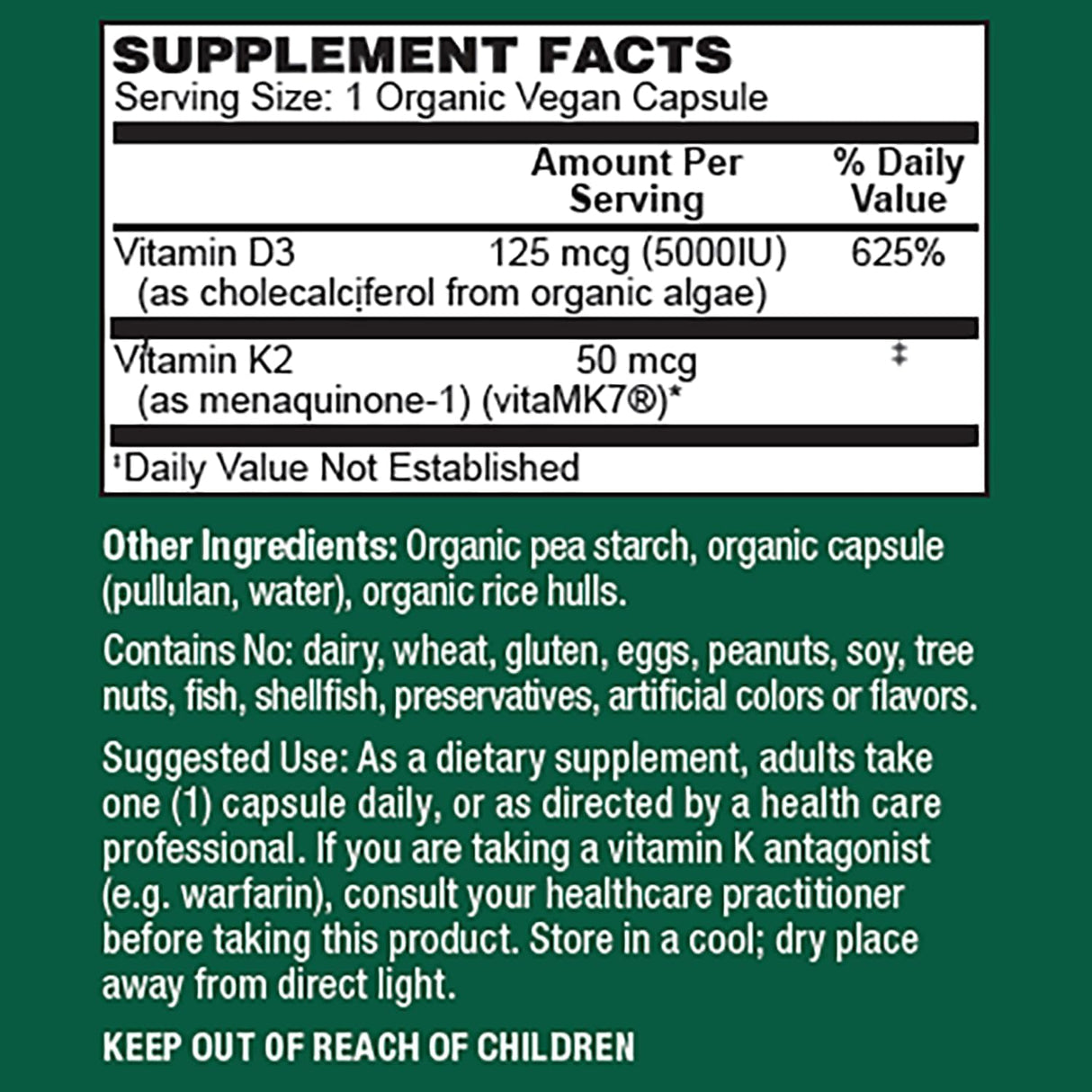 PlantFusion Vitamina D3 + K2 Orgánica Vegana 5000 IU, 60 Cápsulas