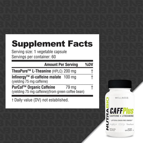 NutraBio CaffPlus Cáñamo con L-Theanina para Energía - 60 Cápsulas