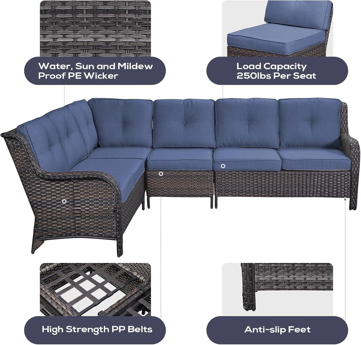 Belord Juego de muebles de sofá seccional para exteriores con mesa para fogata de propano, juego de conversación de mimbre para patio con 2 sillas giratorias mecedoras, cojín azul, perfecto para