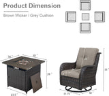 Belord Juego de muebles de mimbre de patio de 5 piezas, 4 sillas giratorias para exteriores con mesa para fogata de propano, juego de conversación cálido para patio, cojín gris, perfecto para