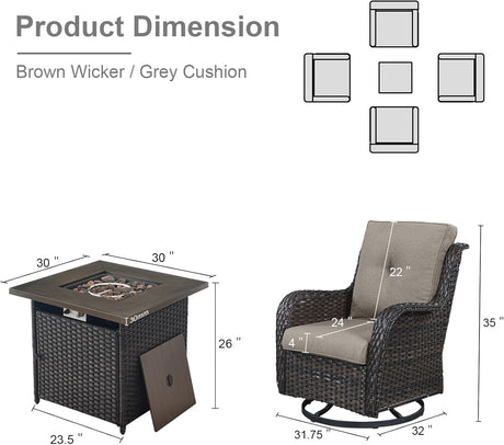 Belord Juego de muebles de mimbre de patio de 5 piezas, 4 sillas giratorias para exteriores con mesa para fogata de propano, juego de conversación cálido para patio, cojín gris, perfecto para