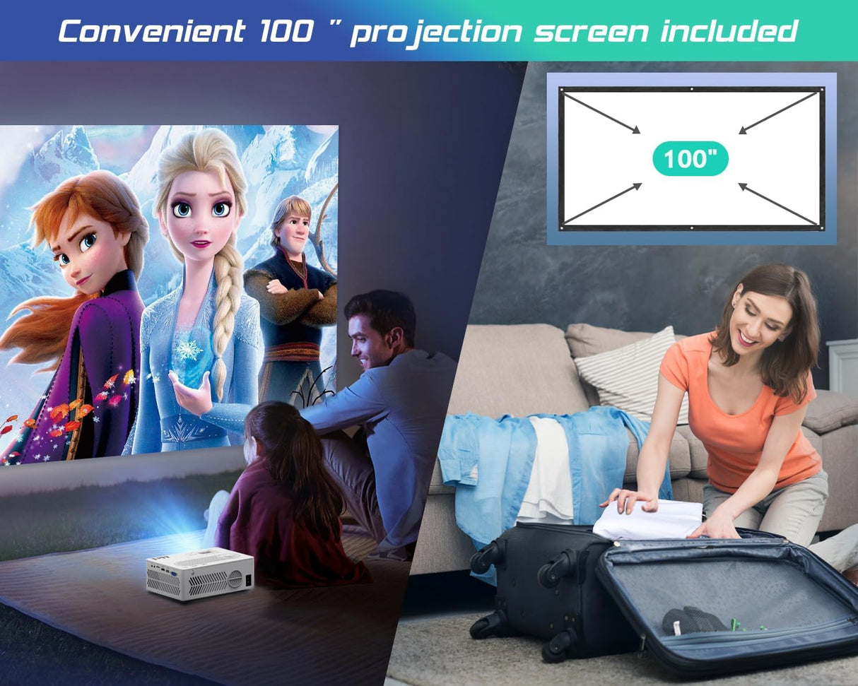 Proyector TMY 1080P WiFi y Bluetooth, Pantalla 100” Incluida