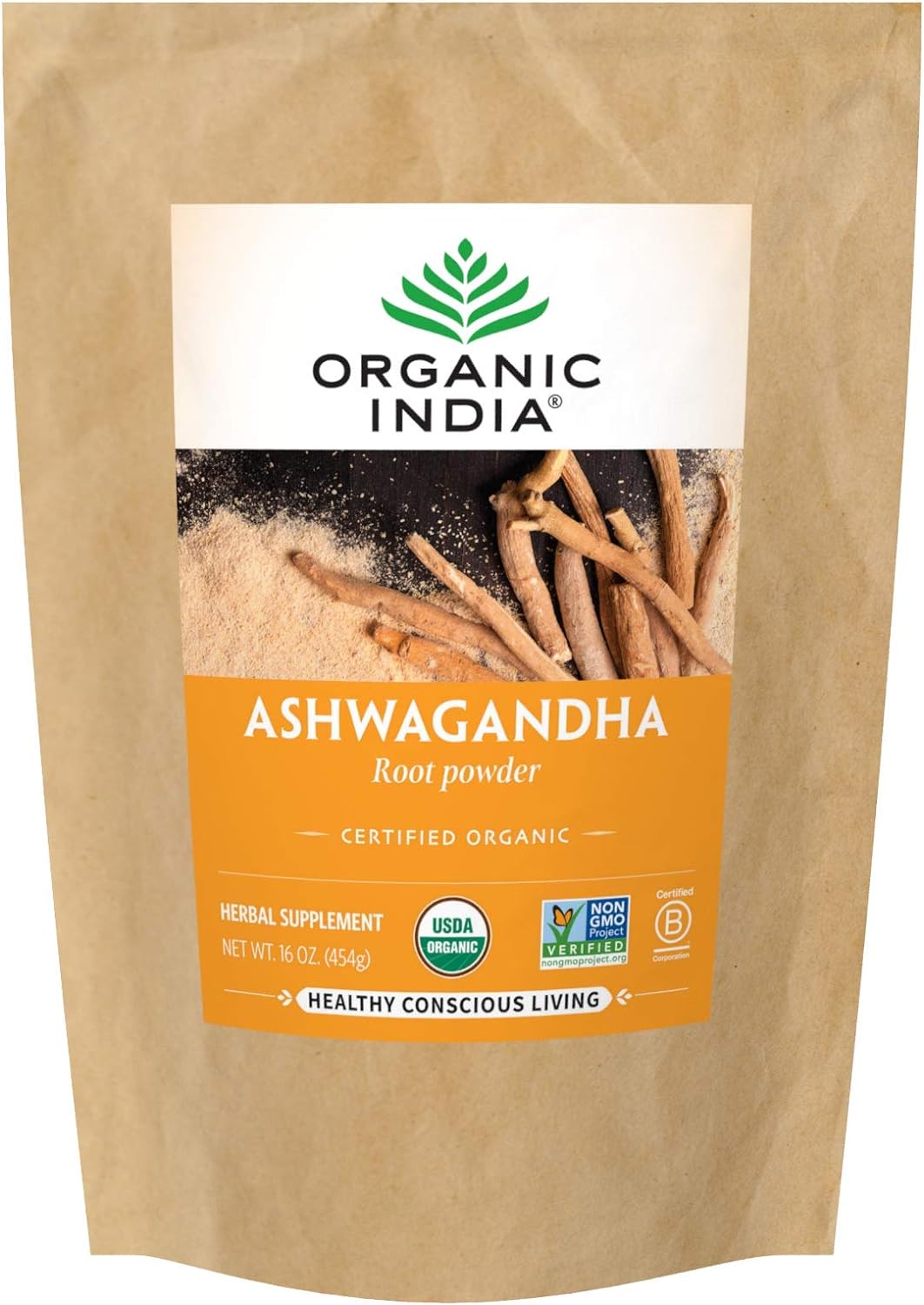 Suplemento ORGANIC INDIA Ashwagandha Powder vegano Kosher