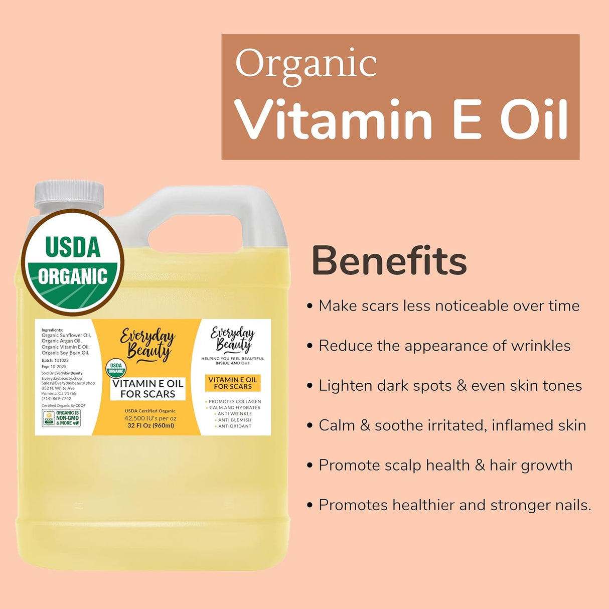 Aceite de Vitamina E Orgánica USDA Cert. Para Cicatrices y Piel