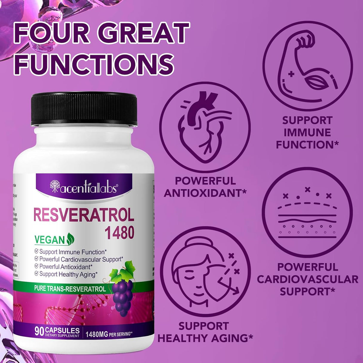 Suplemento Resveratrol 1,480 mg con quercetina 90 cápsulas
