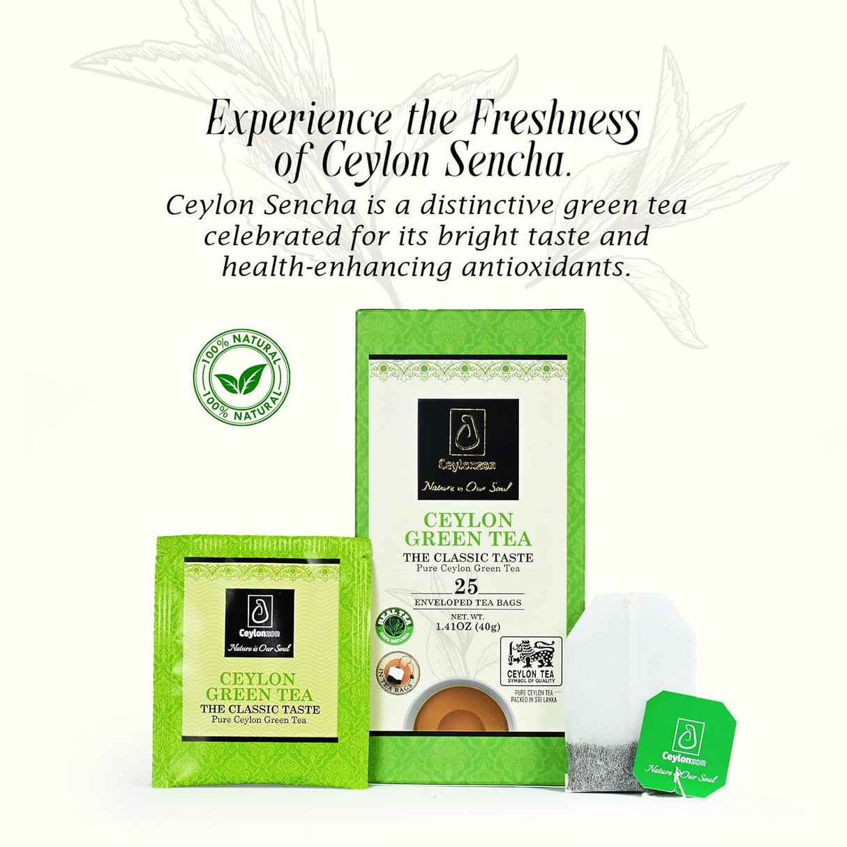 Ceylonzon Té Verde Premium 25 Bolsas, Sabor Natural 40g