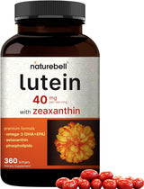 Luteína 40 mg y zeaxantina 1,600 mcg por porción, 360 cápsulas blandas | 4 en 1 con omega-3, astaxantina y fosfolípidos - Extracto de flor de caléndula - Vitaminas antioxidantes para los ojos - Sin