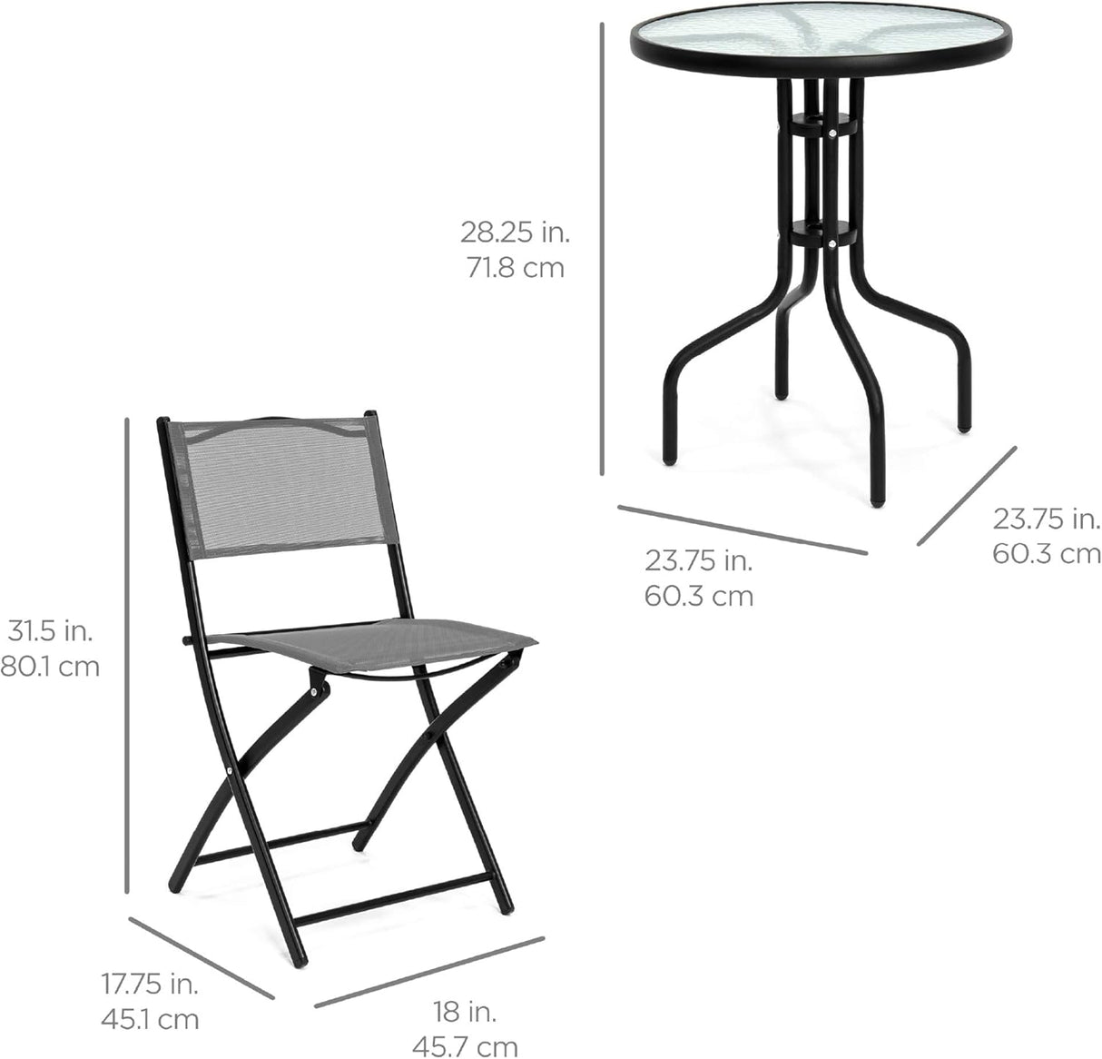 Best Choice Products Juego de muebles de comedor de 3 piezas con mesa de vidrio texturizado, 2 sillas plegables, marco de acero, tela de poliéster, color gris