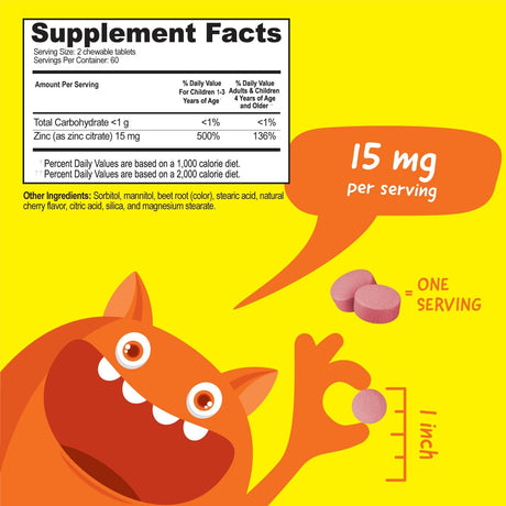 VitaWorks Tabletas masticables de zinc para niños, 15 mg, sabor natural a cereza, veganas, vegetarianas, sin OMG, sin gluten, vitaminas sin nueces, suplemento dietético para apoyo inmunológico, para niños, 120 masticables
