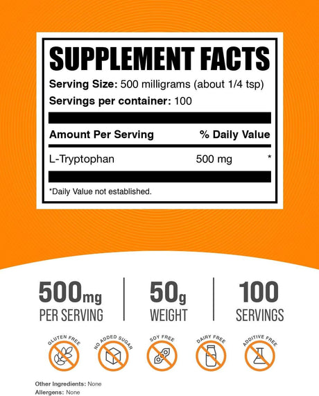L-Tryptófano en Polvo 500mg - BulkSupplements, 50g (1.8 oz)