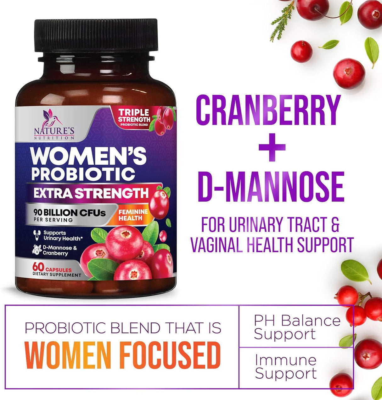 Probióticos para Mujeres - 90B CFU, 16 Cepas, Cranberry, 60 caps