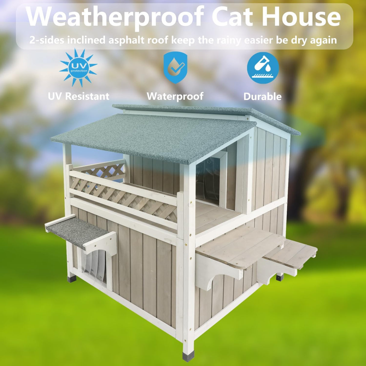 Casa de Gato Feral - Madera Resistente al Agua, Dos Pisos, Balcón