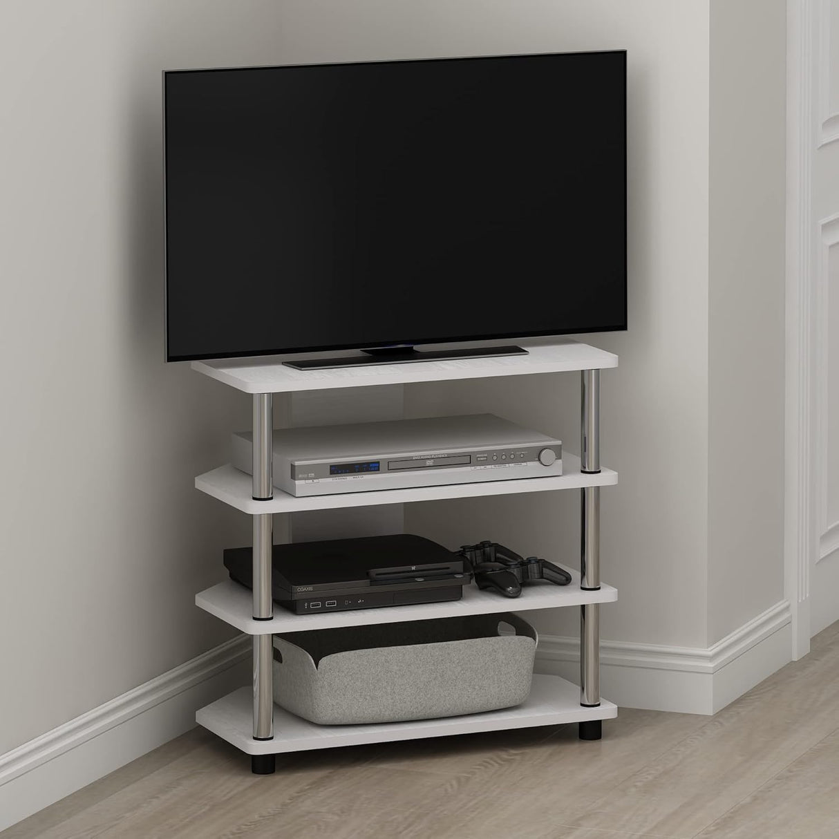 Soporte pequeño para TV con tubos de acero inoxidable, 4 niveles