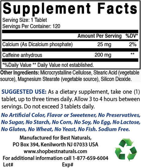 Píldoras de Cafeína 200mg Best Naturals - Sin Habit, 360 Tabletas