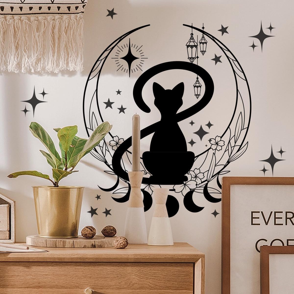 Simple Gato Negro Fase Lunar Flor Pegatinas de Pared Fondo