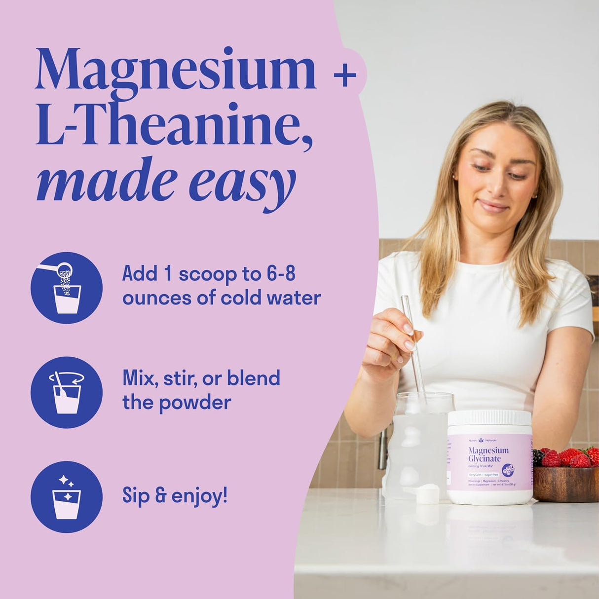 Magnesio Glicinato + L-Teanina | 60 porciones, sin azúcar