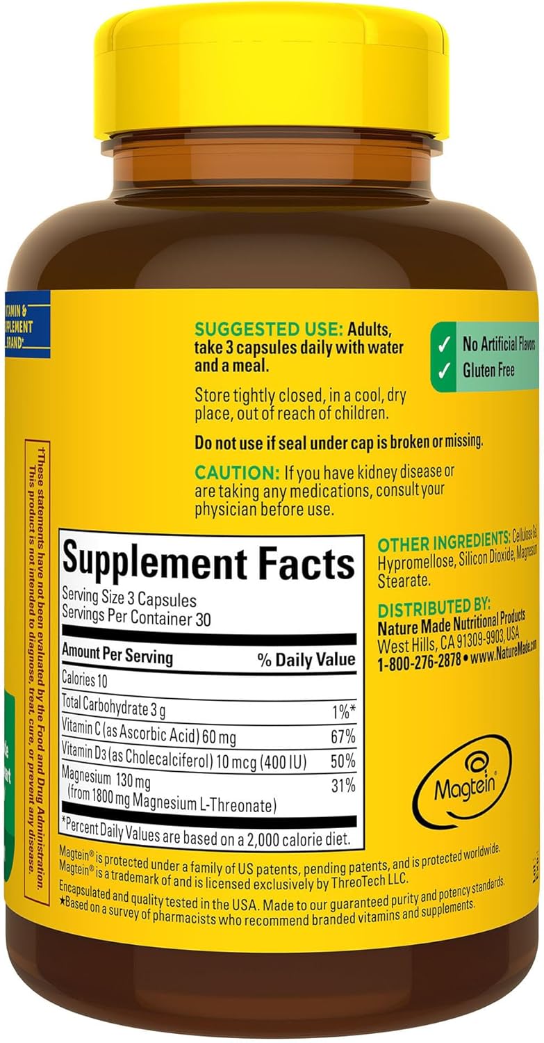 Magnesium L-Threonate con Vitamina C y D3 Nature Made
