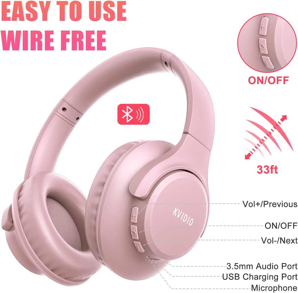 Auriculares Bluetooth KVIDIO, 65h, plegables, con micrófono