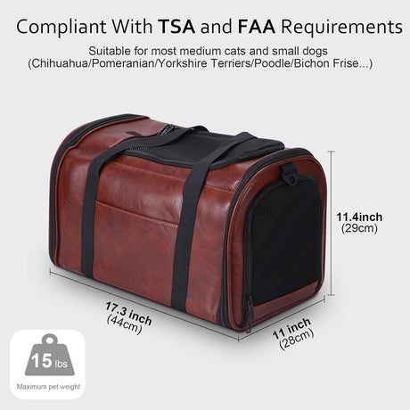 Transportín de Cuero para Mascotas, Aprobado Aerolíneas, 15Lbs