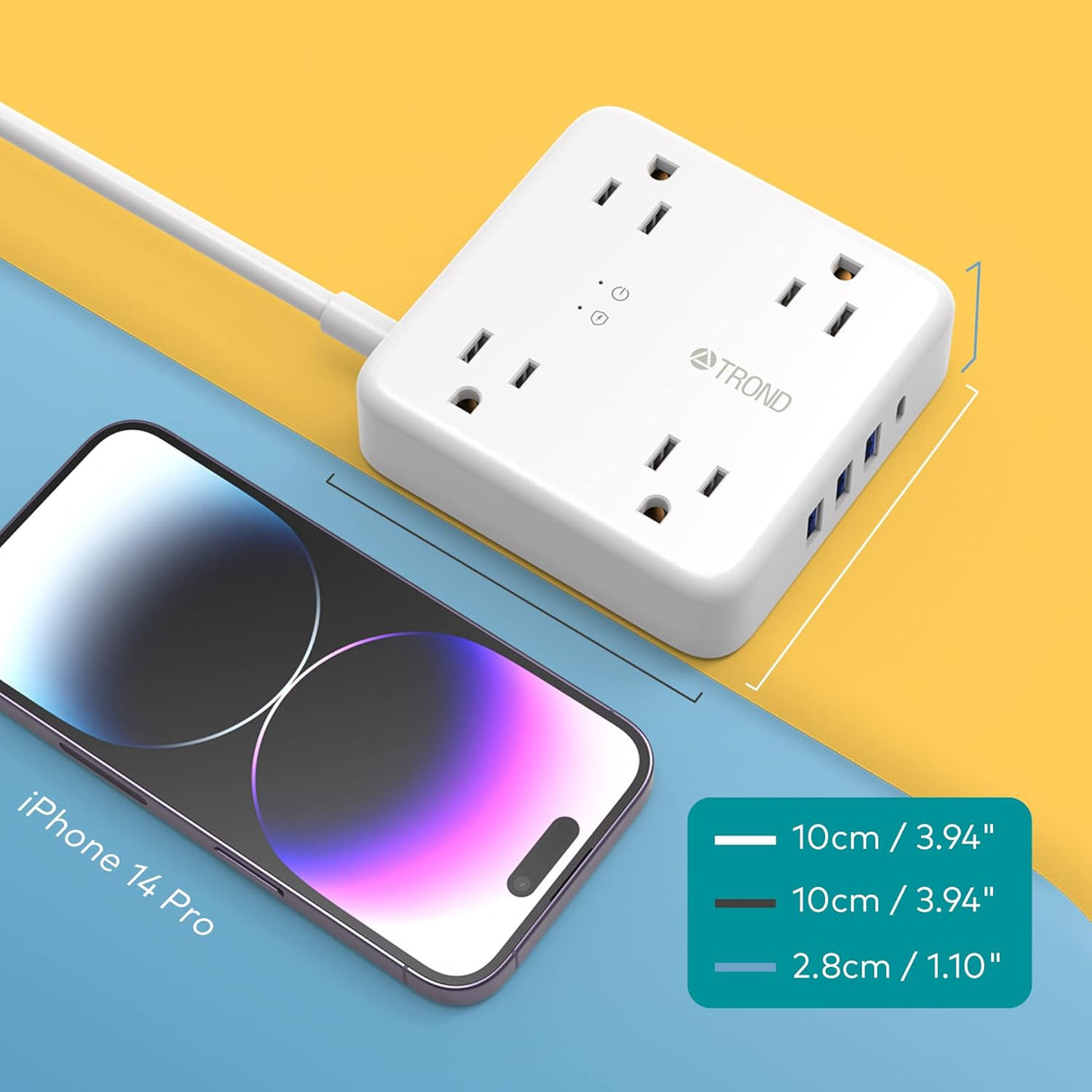 TROND Regleta protectora contra sobretensiones – Cable de extensión de enchufe plano ultrafino de 5 pies con 4 puertos USB (1 cargador USB C), 4 tomas de corriente ampliamente espaciadas, compacto y