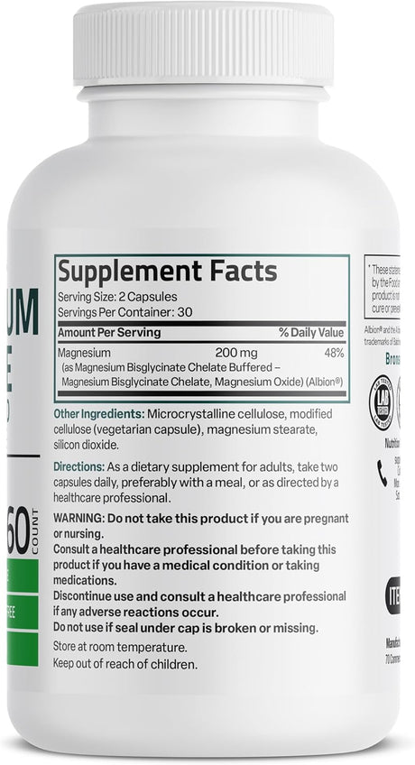 Bronson Magnesio Glicinato 200mg, Alta Absorción, 60 Cápsulas