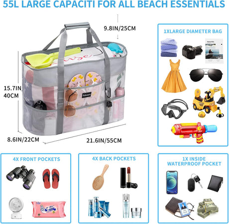 Bolsa de playa de malla, bolsas de playa extra grandes