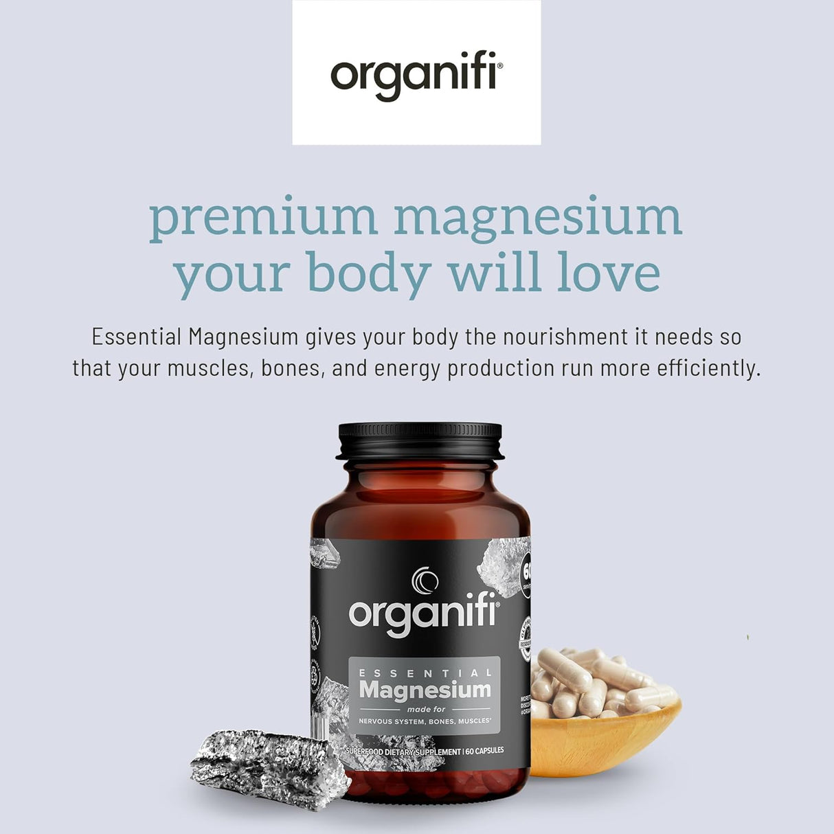 Organifi Magnesio Glicinato para Huesos y Músculos, 60 cápsulas
