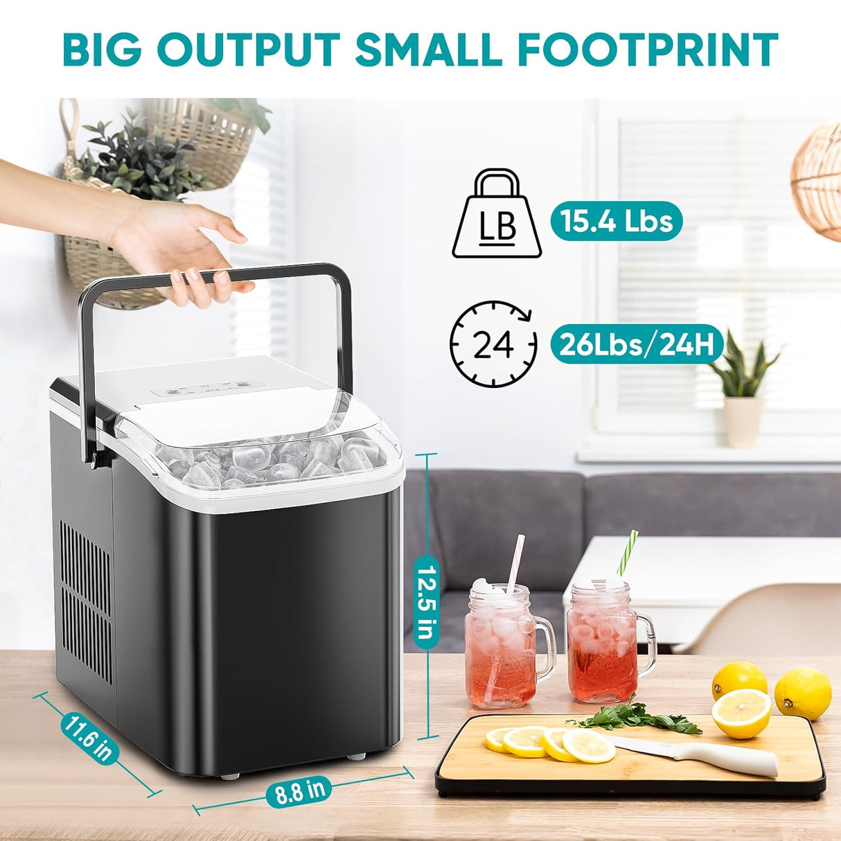 Máquina de Hielo Portátil, 9 Cubos en 6 Min, 26.5lbs/24Hrs
