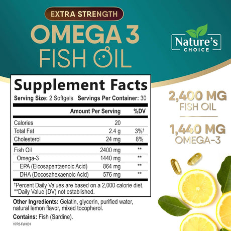 Suplemento de Omega 3 Fish Oil, 2400 mg, 60 cápsulas